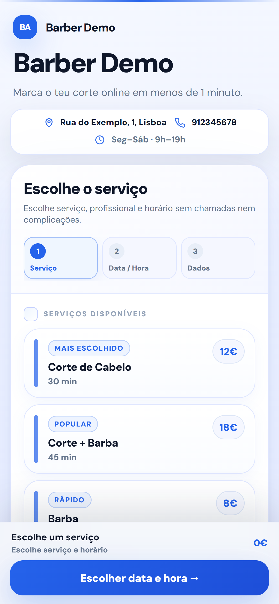 Página pública de marcações online